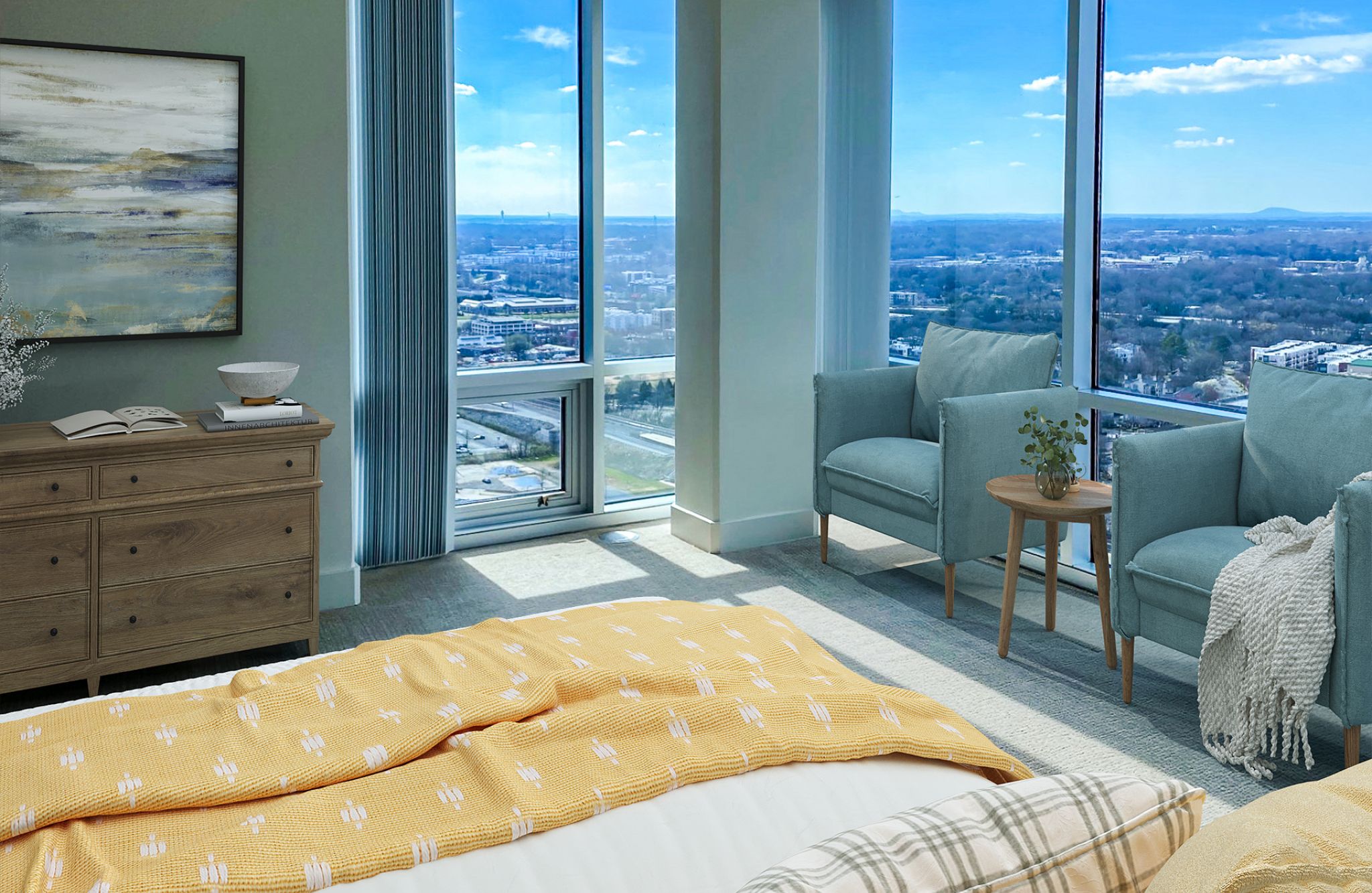 The Vue Charlotte apartment interior with 12'6" ceilings and floor-to-ceiling windows overlooking city